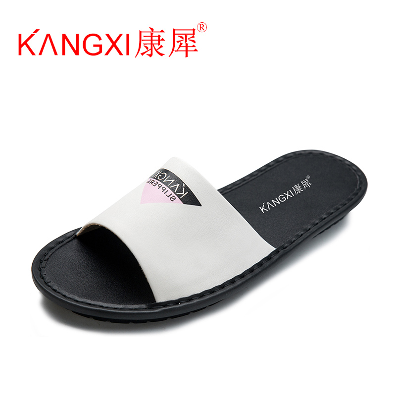 kangxi康犀四季居家真皮拖鞋男女 情侣室内黄牛头层牛皮一字凉拖