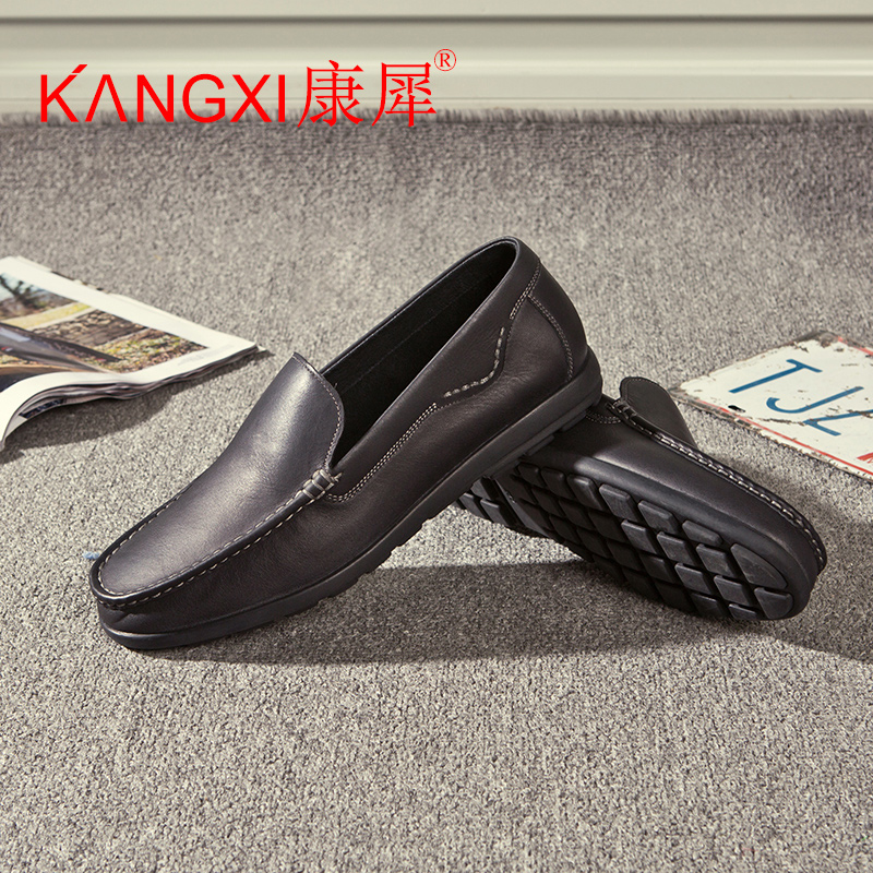 康犀kangxi一脚蹬懒人鞋男商务休闲平底乐福豆豆鞋圆头真皮男单鞋