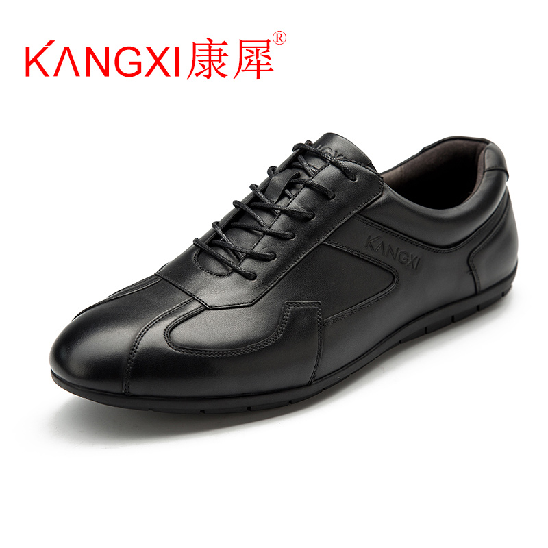 康犀kangxi真皮系带平底单鞋休闲舒适运动皮鞋黑色工作出行旅游