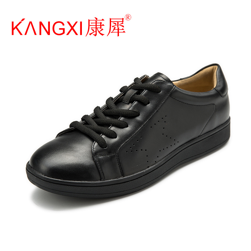kangxi康犀女式系带休闲鞋平底黑色运动真皮百搭舒适圆头工作单鞋