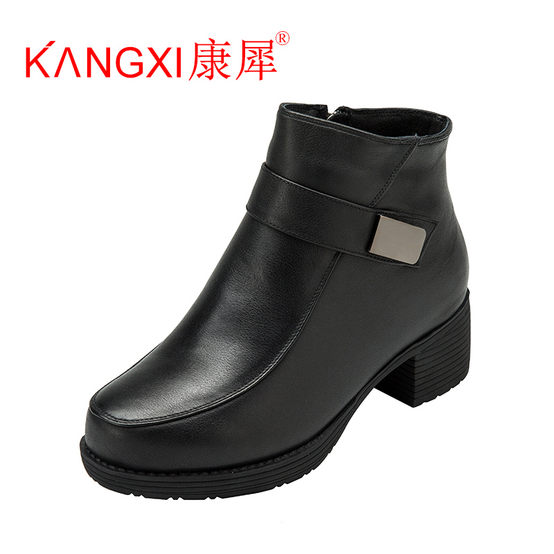 kangxi康犀粗跟女棉鞋冬季加绒保暖真毛短筒靴时装靴牛皮马丁靴女